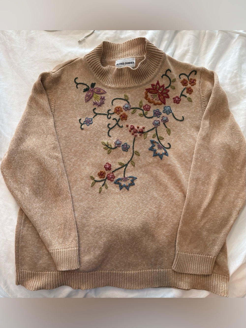 Alfred Dunner Vintage Embroidered Sweater Heathered Tan Floral Pattern Fall - Picture 10 of 13